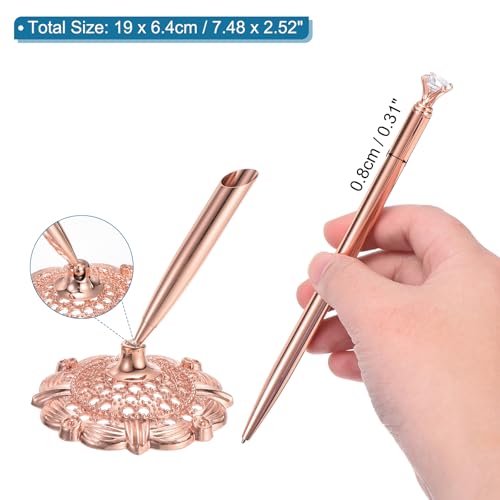 PATIKIL Hollow Round Pen Holder Signing Pen Set, Wedding Pen with Crystal Diamond and Pen Holder for Wedding Guests Book Engagement Opening Ceremony, Rose Gold - color: Rose Gold
