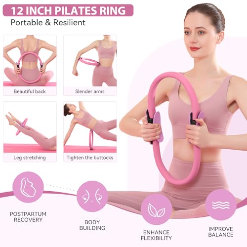 HASHMUST Pilates Ring Kit 12 PCS for Women, Home Workout Equipment with Magic Circle, Mini Exercise Ball, Resistance Bands, Massage Lacrosse, Yoga Strap, Full-Body Fitness Set for Toning & Gift - color: Pink
