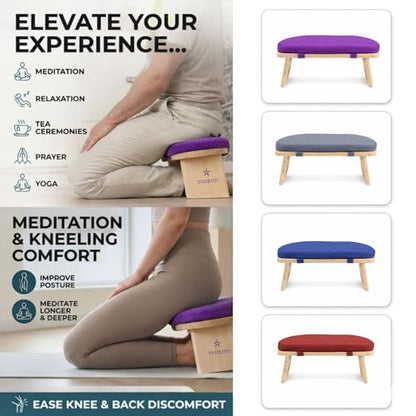 Yogikuti Folding Meditation Bench, Purple | Removable Cushion, Wooden Seiza Kneeling Stool, Ergonomic Meditation Seat, for Home & Yoga Studio, Comfortable Posture (Purple) - color: Purple