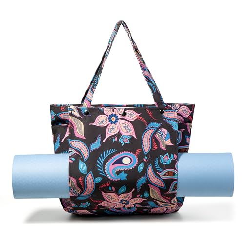 Floral Paisley Pattern Yoga Bag, Canvas Tote with Blue and Pink Design, Spacious Carrier for Yoga Mat and Accessories - color: Black