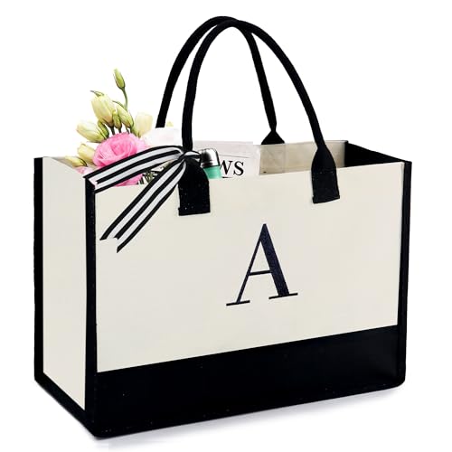 BeeGreen Embroidery Monogram Initial Tote Bag for Women Teacher Mom Friend Personalized Gift for Birthday Beach Work Wedding - color: Natural & Black, style: A