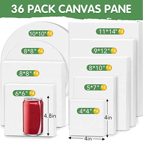 ESRICH Canvases for Painting, 36 Pack Canvas Boards 4x4, 6x6, 8x8, 5x7, 8x10, 9x12, 11x14, Round Canvas Panels with 8x8,10x10-Cotton Primed Blank Large Canvases for Acrylic, Oil, Gouache & Tempera. - size: 36 Packs Canvas Panel - 9 Sizes(4 of Each)