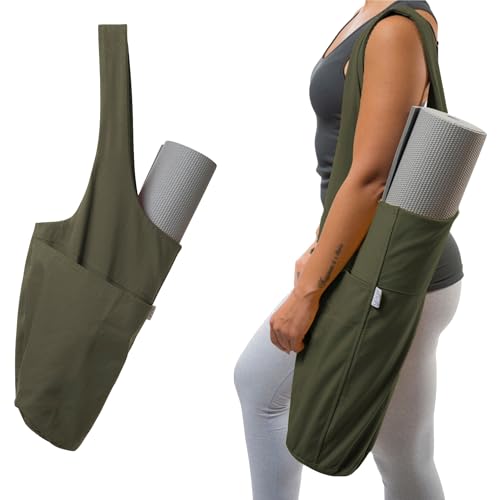 Yogiii Yoga Mat Bag | The ORIGINAL YogiiiTote | Yoga Mat Carrier Tote Sling w/Large Side Pocket & Zipper Pocket | Fits Most Size Mats - color: Olivine Green