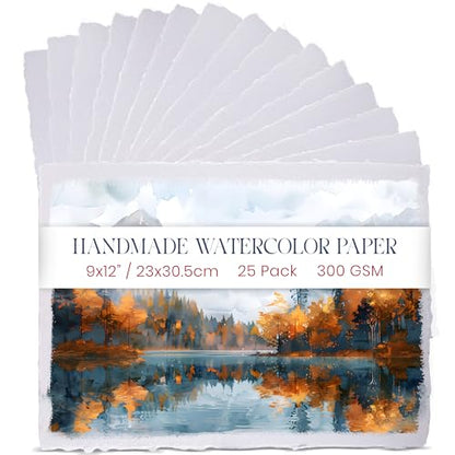 Thick Handmade A5 Size Watercolor Paper with Deckle Edge - 5.8" x 8.25" - 300GSM - Premium White Hot Press Smooth Mixed Media Paper Made with Recycled Cotton - 25 Loose Leaf Sheets - color: White, size: 5.8x8.3" (15x21cm)
