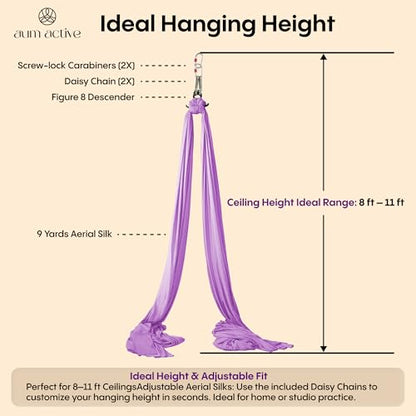 Aerial Silks Starter Kit, 9 Yards, Aerial Yoga Hammock, Hardware | Knitted fabric with pose guide, for aerial yoga, gymnastics, silk swing, stretching and home gym use, suitable for all levels - color: Gold