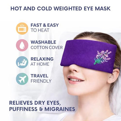 Weighted Clay Beads and Lavender Buds Eye Pillow Mask, Microwavable Heated or Cold Compress for Dry Eyes & Puffiness, Reusable Migraine Relief Mask with Washable Cotton Cover