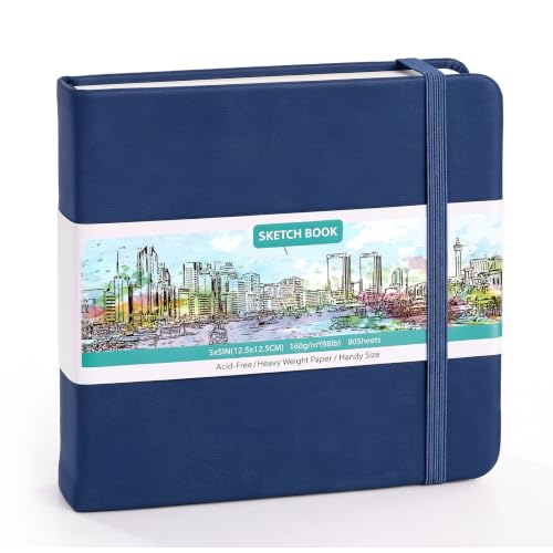 Sketch Book 5 x 5 Inch Navy Blue Hardcover Sketchbook Lay Flat Square Drawing Journal with Ribbon Bookmark Inner Pocket Acid Free Paper for Pencil Charcoal Pen Travel Art - color: Navy Blue
