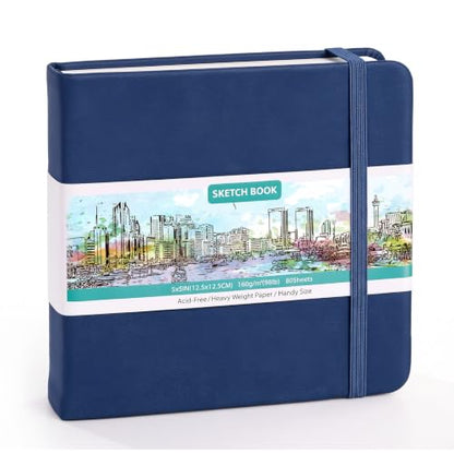 Sketch Book 5 x 5 Inch Navy Blue Hardcover Sketchbook Lay Flat Square Drawing Journal with Ribbon Bookmark Inner Pocket Acid Free Paper for Pencil Charcoal Pen Travel Art - color: Navy Blue