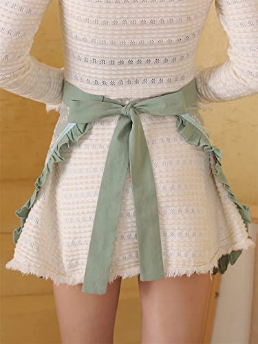 Unisex Chef Aprons White Retro Cotton Maid Short 2 Pockets Waist Waiter Waitress Half Apron - color: Green-embroidered