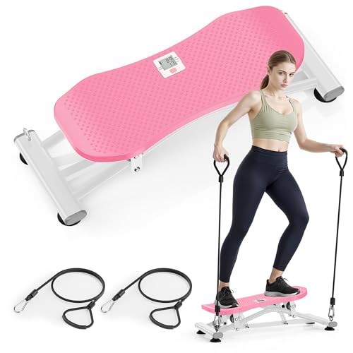 RYGEO Balance Board with Resistance Bands, Versatile Rocking Stepper, Wobble Board Featuring LCD Monitor, 330 lbs High-Capacity Ski Twister Trainer for Full Body Exercise at Home - color: Pink