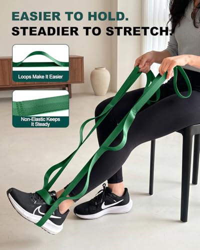 Trideer Non-Elastic Stretching Strap with Loops for Physical Therapy & Rehab, Knee Hip Leg ROM Post-Surgery, Yoga Strap for Stretching, Leg Lifter Strap Mobility Aid, Hamstring Calf Back - color: Hunter Green/75"x1"