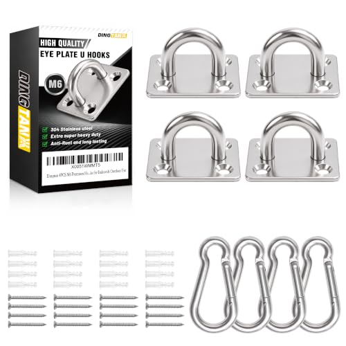 4Pcs M6 304 Stainless Steel Heavy Duty Pad Eye Plates w/Snap Hooks | Rustproof 304 SS Pad Eye Plates w/ Hooks, Heavy Duty for Indoor Outdoor Use, Fits Hammock Swing Yoga Sling Ceiling Mount - size: 4pk M6
