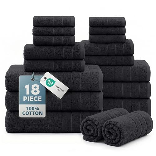 Casa Platino Towel Set Soft Absorbent Quick Dry 100% Cotton - Black | Towels And Washcloths Sets - Lightweight & Breathable, Fade-Resistant Color, Classic Terry Weave, Densely Woven - color: 03: Black, size: 18 Piece Towel Set