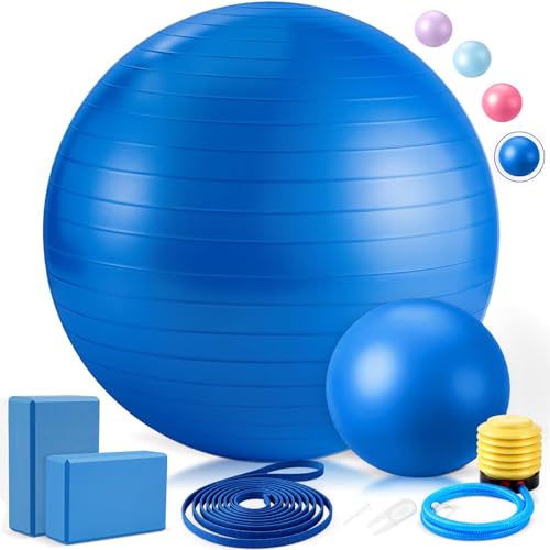 6-in-1 Yoga Balls and Yoga Block Set with Strap Foot Pump, Exercise Pregnancy Balls for Birthing, Pilates Kit Fitness Physical Therapy Home Gym Workout Equipment - color: Dark Blue