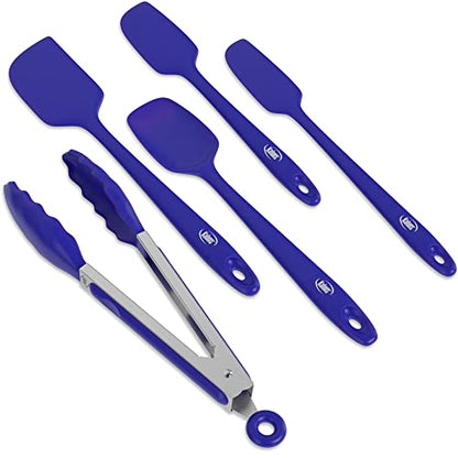 Kaluns Silicone Spatula Set, 4 Rubber Spatulas 600°F Heat Resistant, Nonstick Seamless Design with Stainless Steel Core, Dishwasher Safe, BPA free, Bonus Tongs Included - color: 4 Pcs + Tongs Blue