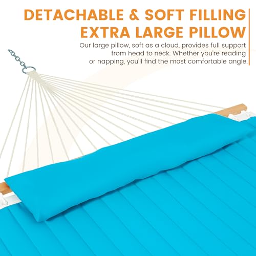 Lazy Daze 12 FT Double Quilted Hammock with Spreader Bar for Outside, Aqua | 2 Person Heavy Duty Hammock with Detachable Pillow and Carabiners for Outdoor Backyard Poolside, 450lbs Weight Capacity - color: Aqua