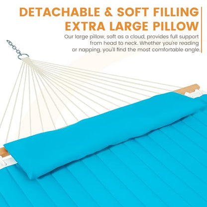 Lazy Daze 12 FT Double Quilted Hammock with Spreader Bar for Outside, Aqua | 2 Person Heavy Duty Hammock with Detachable Pillow and Carabiners for Outdoor Backyard Poolside, 450lbs Weight Capacity - color: Aqua
