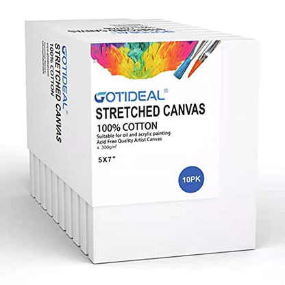 Stretched Canvas, 5x7 Inch Set of 10, Primed White | 100% Cotton Artist Canvas Boards for Painting, Acrylic Pouring, Oil Paint Dry & Wet Art Media - color: White, size: 5"x7"