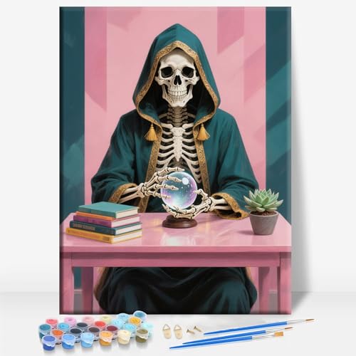 Aeontinity Skeleton Fortune Teller Gothic Framed Canvas DIY Paint by Numbers Kit Bar Cafe Cave Home Room Wall Bathroom Porch Patio Decor Gift, 16 x 12 Inch - color: SKELETON FORTUNE TELLER