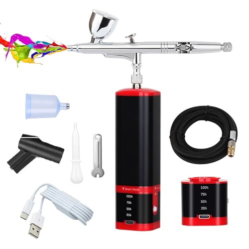 Portable mini airbrush kit with holder stable for both air brush pen and rechargeable airbrush compressor with replaceable battery for nail,barber,models,art,cake decorations etc. - color: Black Red