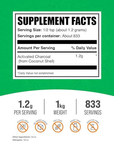BulkSupplements.com Activated Charcoal Powder - from Coconut Charcoal, for Teeth Whitening - Vegan & Gluten Free, 1.2g per Serving, 1kg (2.2 lbs) (Pack of 1) - size: 3.53 Ounce (Pack of 10)
