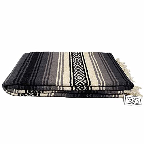 Wool Mexican Blanket - Southwest Print Geometric Design- Handwoven Vintage Wall Tapestry/Throw from Mexico/Beach/Picnic/Thick Mexican Yoga Blanket (Black & Grey Stripes) - color: Black & Grey Stripes