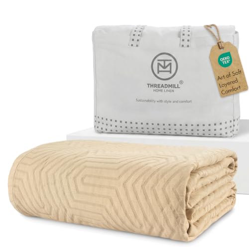 Threadmill Luxury Cotton Blankets for King Size Bed | All-Season Cozy 100% Cotton Blanket | Aster Jacquard Soft & Lightweight Coverlet fits California King Size Bed, 104x92 | Beige - color: Aster Beige, size: King / Cal King
