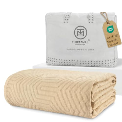 Threadmill Luxury Cotton Blankets for Queen Size Bed | All-Season 100% Cotton Queen Size Blanket | Aster Jacquard Cozy Lightweight, Soft Breathable Coverlet fits Full Size Bed, 90x92 | Beige - color: Aster Beige, size: Queen / Full