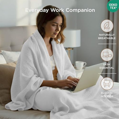 Threadmill Cotton Throw, Muslin, White, 4-Layer, Lightweight, Breathable | 100% Cotton, Muslin Weave, 50x65 in, Breathable, All-Season, Lightweight, OEKO-TEX Certified, Machine Washable - color: White, size: Throw