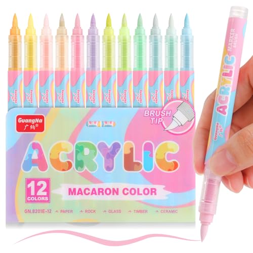kander Guangna Acrylic Paint Markers 12 Colors, Skin Tone Series Set with Soft Brush Tip Water Based, Fine Tip Markers for Wood, Canvas, Rock Painting, Glass, Diy Crafts, Fabric Paint - color: Light Macaron
