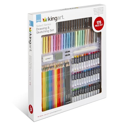 KINGART Select Series Drawing & Sketching Set, 175 pc, Complete Art Kit with Colored Pencils, Pastels, Graphite, Charcoal, Paper