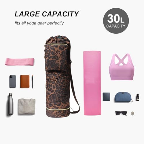 ESVAN Yoga Mat Bag with Multi Pockets Drawstring Yoga Mat Carrier Pilates Exercise Multi-Functional Storage Bag - color: Leopard Print New