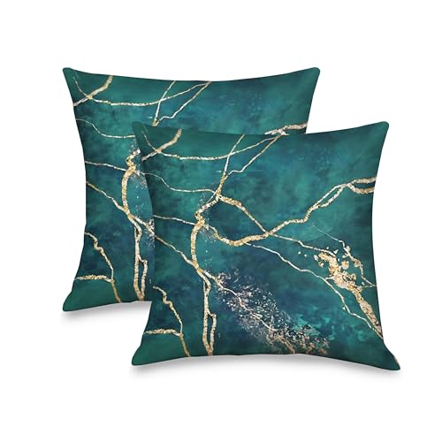 Emerald Green and Gold Marble Pillow Covers 18x18 inches Set of 2, Luxury Double-Sided Modern Decorative Throw Pillows for Couch, Soft Thick Flannel Cushion Case for Sofa Bed Living Room - color: Emerald Green050