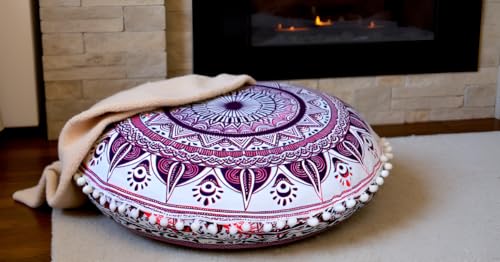 INDIAN CRAFT CASTLE Meditation Floor Pillow Cover, Large Pillows Cover Seating for Adults and Kids, Bohemian Cushion Cover for Fireplace Yoga Living Room Sitting 22 Inches (Pink) - color: Pink