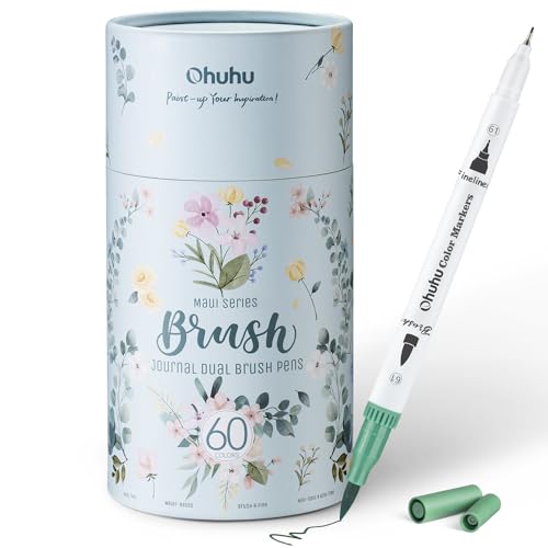 Ohuhu Adult Coloring Book Markers 60 Colors Dual Tip Water-Based-Maui-White | No Bleed Coloring Markers Fineliner & Brush Drawing Pens Art Pens for Kids Adults Sketch Journal - color: White Pen, size: 1 Count (Pack of 60)