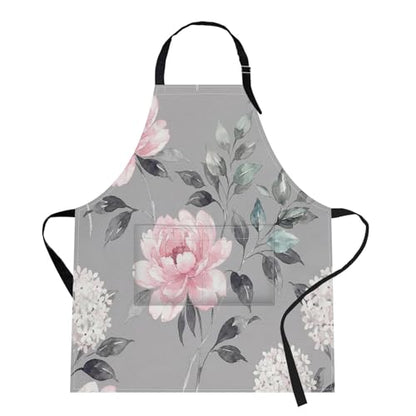 Apron with Pockets, 32x28 inch, for Women Men, Floral Grey | Pink Flower Leaves Waterproof Adjustable Bib Aprons for Kitchen Cooking Baking Painting Gardening - color: Peony