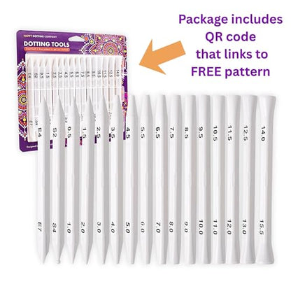 Happy Dotting Company Tools for Painting Mandalas - Patented 16pc Premium Double Ended - 28 Easy Read Sizes Plus Stylus & Ellipse Tools, Anti-Roll Grip for Rock Painting, Nail Art, Pottery and Canvas