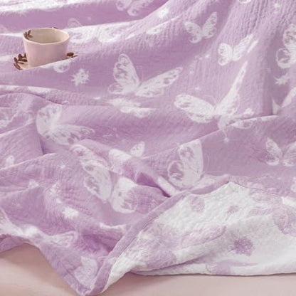 MEJU Dream Butterfly Violet Gentle Girls Muslin All Season Blanket for Bed Sofa Couch, 100% Combed Cotton 3 Layer Soft Throw Blanket Bed Cover Quilt Purple Butterfly Twin 60 in x 80 in - color: Purple Butterfly, size: Twin 60 in x 80 in