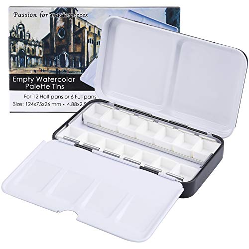 MYARTOOL Watercolor Tin Palette, Metal Empty Paint Case with 12 PCS Empty Half Pans for DIY Travel Watercolor Palette, Acrylic and Oil Painting - color: Black, size: 12 PCS Empty Half Pans