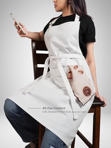 100% Cotton Kitchen Apron with 2 Pockets – Adjustable Chef Apron for Cooking Baking BBQ – Unisex Apron - color: White