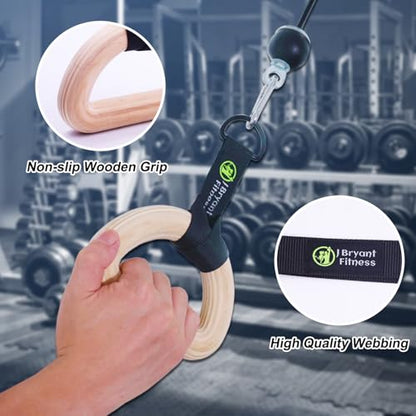 J Bryant Fitness Wooden Gymnastic Rings - Pull Up Grips & LAT Pull Down Gym Handles Design, Sturdy Webbing Straps with D-Rings, Pilates, Strength Training, and Portable Fitness - Includes Carry Bag