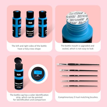 HUAL Acrylic Paint Set With 5 Brushes, 24 Colors (60ml, 2oz) for Artists Kids Beginners & Painters,Model/Canvas/Rock/Fabric/Glass/Stone/Ceramic/Wood Painting, Non Toxic - color: Black Bottle