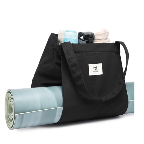Moyaqi Canvas Tote Bag with Yoga Mat Carrier Pocket Carryall Shoulder Bag for Office, Workout, Pilates, Travel, Beach and Gym - color: Black