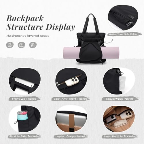 GOLF SUPAGS 3-in-1 Laptop Tote Backpack for Women 15.6" Quilted Work Gym Bag with Hidden Yoga Mat Carrier for Travel Leisure (Black) - color: Black