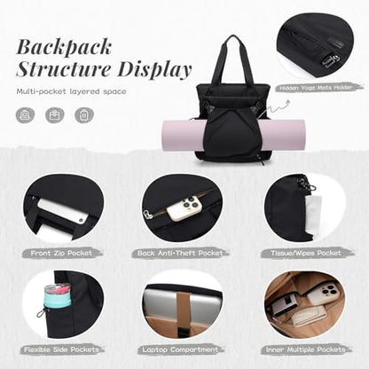 GOLF SUPAGS 3-in-1 Laptop Tote Backpack for Women 15.6" Quilted Work Gym Bag with Hidden Yoga Mat Carrier for Travel Leisure (Black) - color: Black