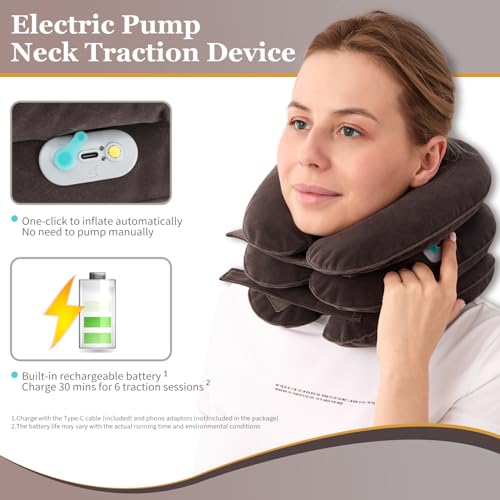 Electric Pump Cervical Neck Traction Device for Neck Pain Relief, One-Click-to-Inflate Neck Stretcher Support Brace for Home Use Neck Decompression (Built-in Battery & Motor Powered) Gray - color: Battery Model (Gray)