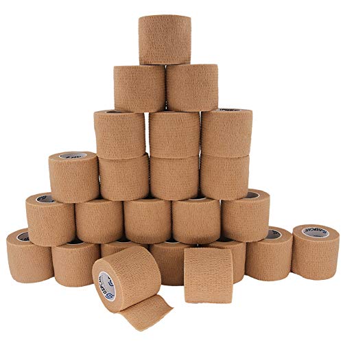 Self Adherent Cohesive Bandages Wrap 24 Count 2" x 5 Yards, Medical Tape, Adhesive Flexible Breathable First Aid Non Woven Rolls, Stretch Athletic, Ankle Sprains & Swelling, Sports - color: Beige, size: 24 Count (Pack of 1)