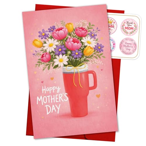 Floral Mother’s Day Card Funny Flower Bouquet Elegant Pink Mug Happy Mothers Day Gift for Mother Mama Her Bonus Mom Stepmom Wife Mom Cards Appreciation Gifts from Daughter Son Greeting Card 5.3''x8" - color: A102