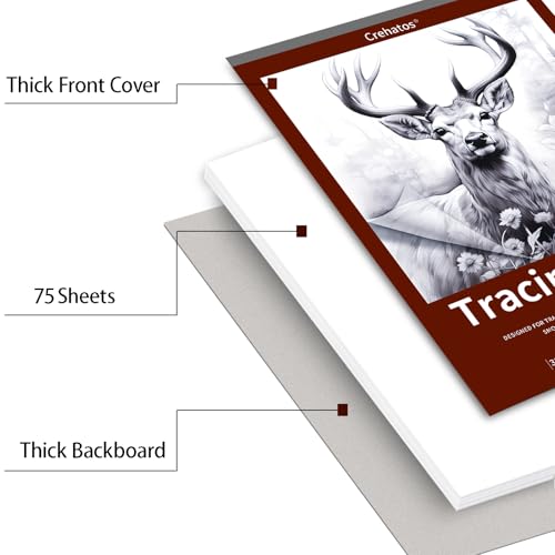 Crehatos 9" x 12" Tracing Paper, Translucent Tracing Pad, 75 Sheets | 38lb/60gsm Vellum Art Paper for Drawing, Sketching, Overlays - size: 9" x 12" (75 Sheet)