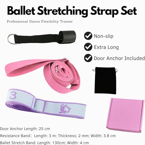 Danzcue Ballet Stretch Strap Set – Professional Dance Flexibility Trainer with Door Anchor, Extra Long Non-Slip Stretching Bands for Ballet, Jazz, Contemporary & Gymnastics - color: Pink+Blue